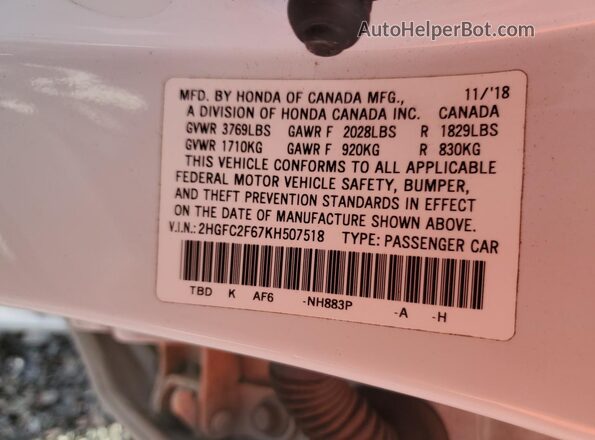 2HGFC2F67KH507518 2019 HONDA CIVIC White Widok komory silnika