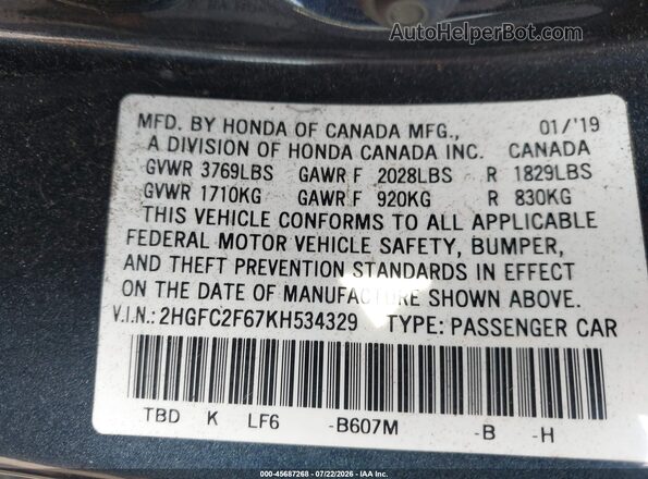 2HGFC2F67KH534329 2019 HONDA CIVIC Gray Widok komory silnika