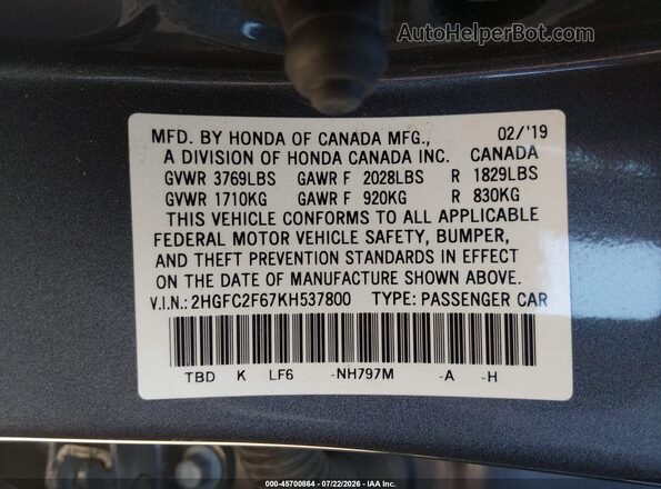 2HGFC2F67KH537800 2019 HONDA CIVIC Gray Engine compartment view