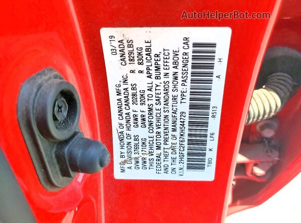 2HGFC2F67KH544729 2019 HONDA CIVIC Red Widok komory silnika