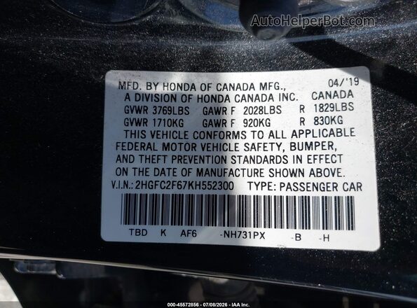 2HGFC2F67KH552300 2019 HONDA CIVIC Black Engine compartment view