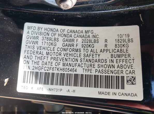 2HGFC2F67KH605464 2019 HONDA CIVIC Black Շարժիչի բաժամունքի տեսք