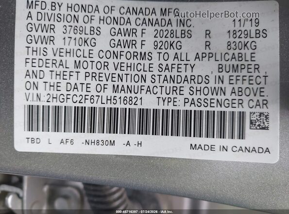 2HGFC2F67LH516821 2020 HONDA CIVIC Серебряный Вид подкапотного пространства