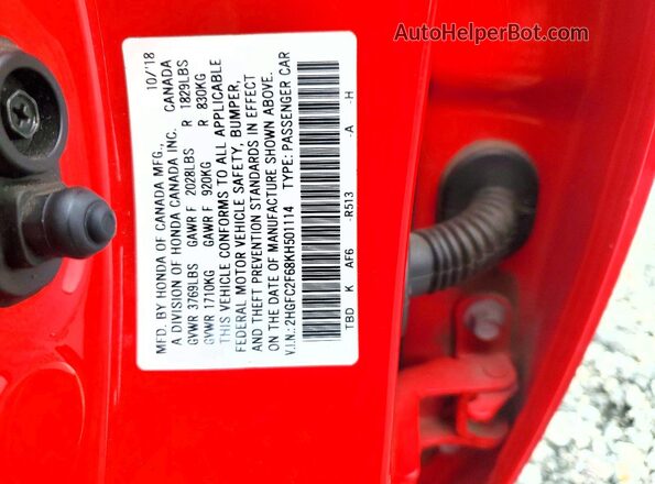 2HGFC2F68KH501114 2019 HONDA CIVIC Red Vista del compartimento del motor
