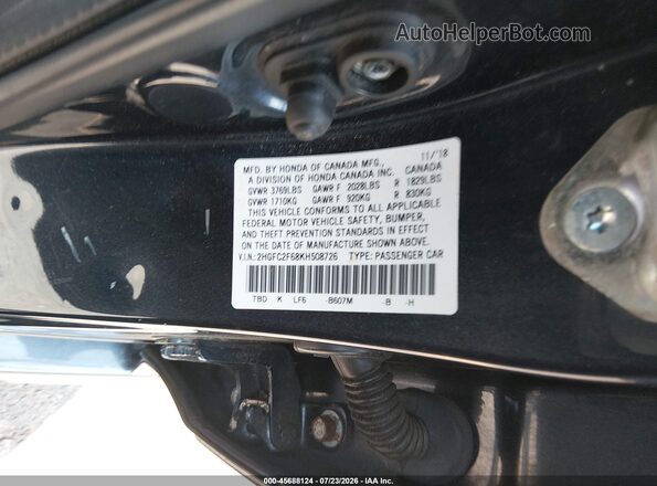 2HGFC2F68KH508726 2019 HONDA CIVIC Black Engine compartment view