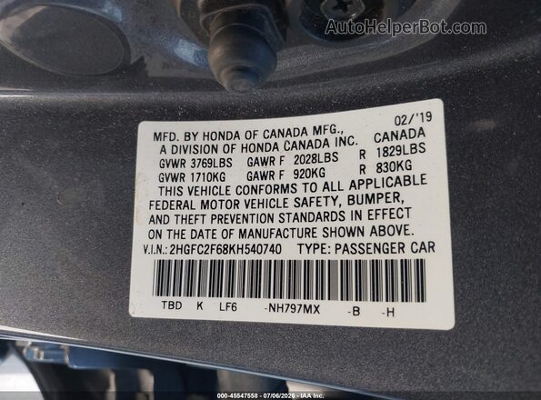 2HGFC2F68KH540740 2019 HONDA CIVIC Gray Widok komory silnika