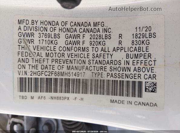2HGFC2F68MH514917 2021 HONDA CIVIC White Widok komory silnika