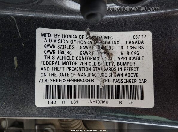 2HGFC2F69HH543803 2017 HONDA CIVIC Gray Widok komory silnika