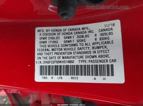 2HGFC2F69KH514860 2019 HONDA CIVIC Red Вид підкапотного простору