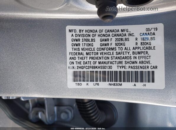 2HGFC2F69KH550130 2019 HONDA CIVIC Серебряный Вид подкапотного пространства
