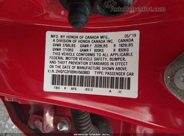 2HGFC2F69KH560883 2019 HONDA CIVIC Red Engine compartment view