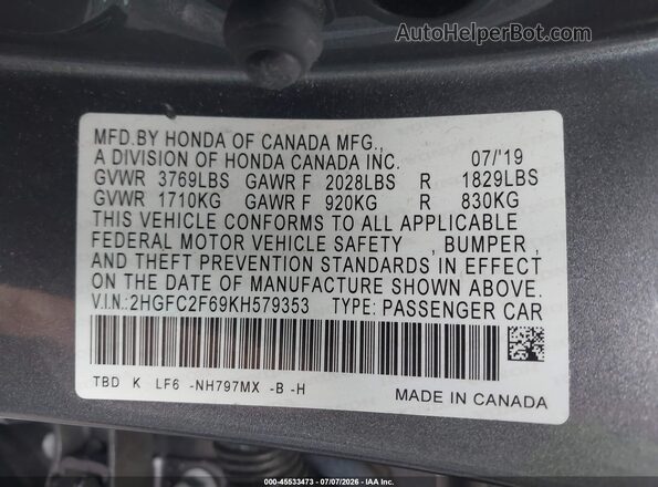 2HGFC2F69KH579353 2019 HONDA CIVIC Gray Շարժիչի բաժամունքի տեսք
