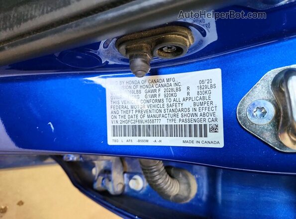 2HGFC2F69LH558777 2020 HONDA CIVIC Blue VIN კოდის სტიკერის ხედი
