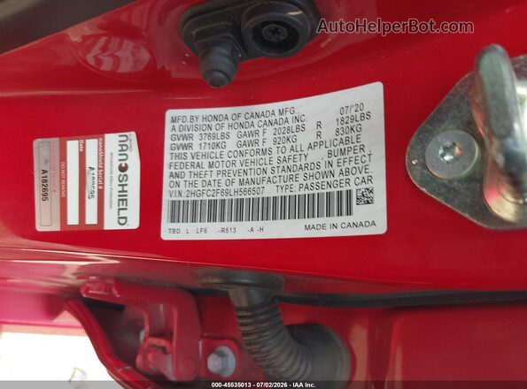 2HGFC2F69LH566507 2020 HONDA CIVIC Red Vista del compartimento del motor
