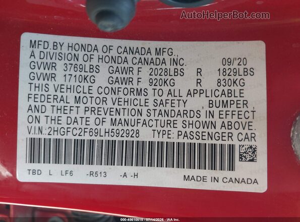 2HGFC2F69LH592928 2020 HONDA CIVIC Red Widok komory silnika