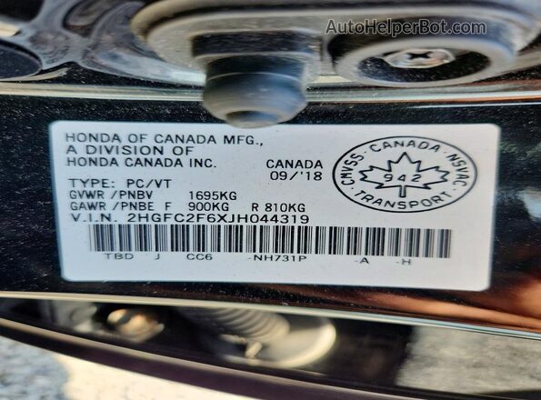 2HGFC2F6XJH044319 2018 HONDA CIVIC Black VIN sticker view