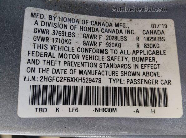 2HGFC2F6XKH529478 2019 HONDA CIVIC Silver Вид підкапотного простору