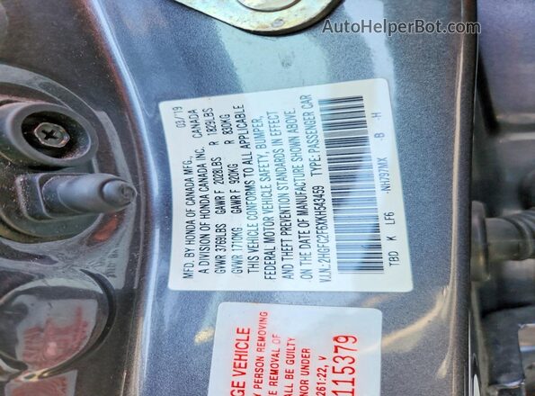 2HGFC2F6XKH543459 2019 HONDA CIVIC Gray Vista del compartimento del motor