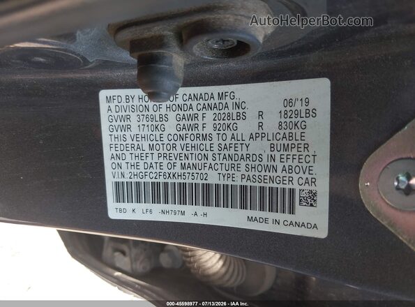 2HGFC2F6XKH575702 2019 HONDA CIVIC Серый Вид подкапотного пространства