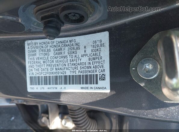 2HGFC2F6XKH591429 2019 HONDA CIVIC Gray ძრავის განყოფილების ხედი