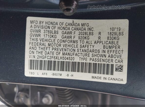 2HGFC2F6XLH504520 2020 HONDA CIVIC Синий Вид подкапотного пространства