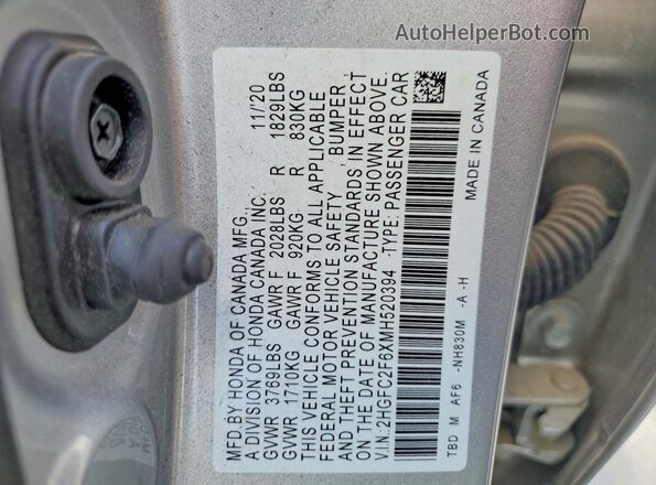 2HGFC2F6XMH520394 2021 HONDA CIVIC Silver Widok naklejki z numerem VIN