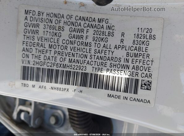 2HGFC2F6XMH522923 2021 HONDA CIVIC White Вид підкапотного простору
