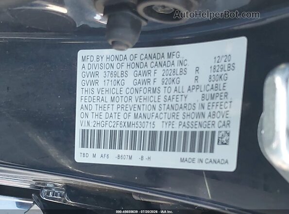 2HGFC2F6XMH530715 2021 HONDA CIVIC Blue Вид підкапотного простору