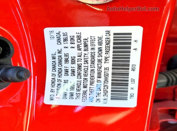 2HGFC2F70HH507135 2017 HONDA CIVIC Красный Вид подкапотного пространства
