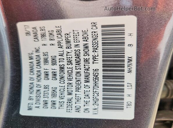 2HGFC2F70HH564516 2017 HONDA CIVIC Gray VIN კოდის სტიკერის ხედი