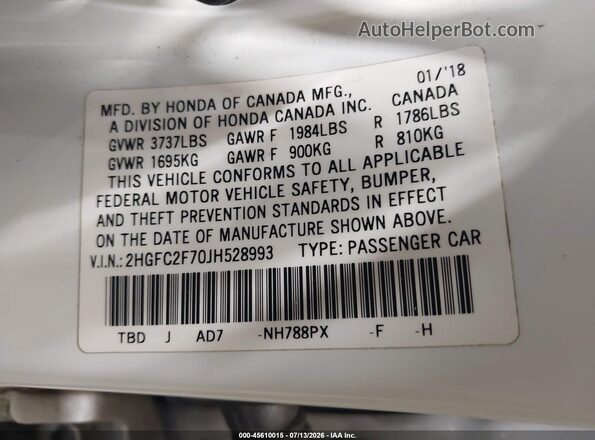 2HGFC2F70JH528993 2018 HONDA CIVIC White Engine compartment view