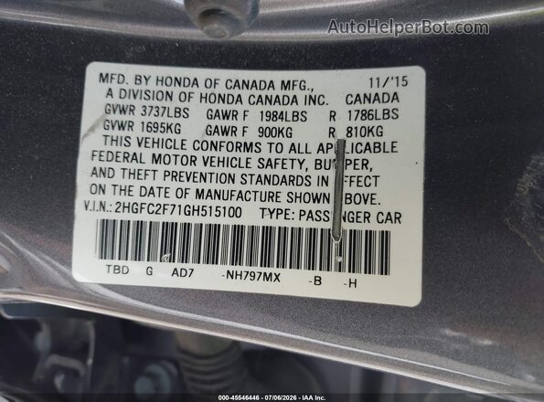 2HGFC2F71GH515100 2016 HONDA CIVIC Gray Engine compartment view