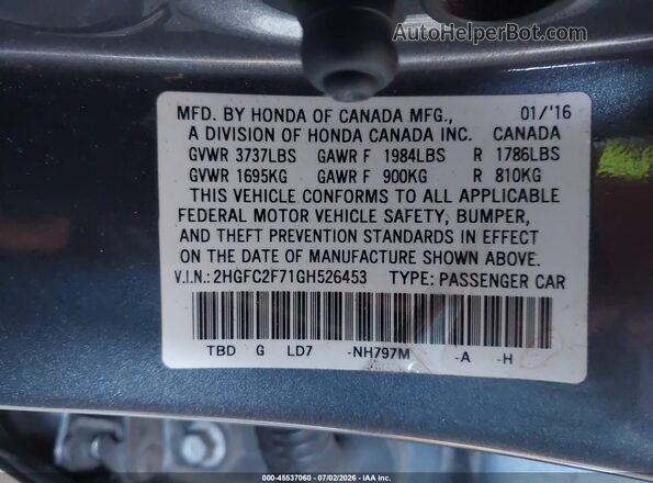 2HGFC2F71GH526453 2016 HONDA CIVIC Gray Շարժիչի բաժամունքի տեսք