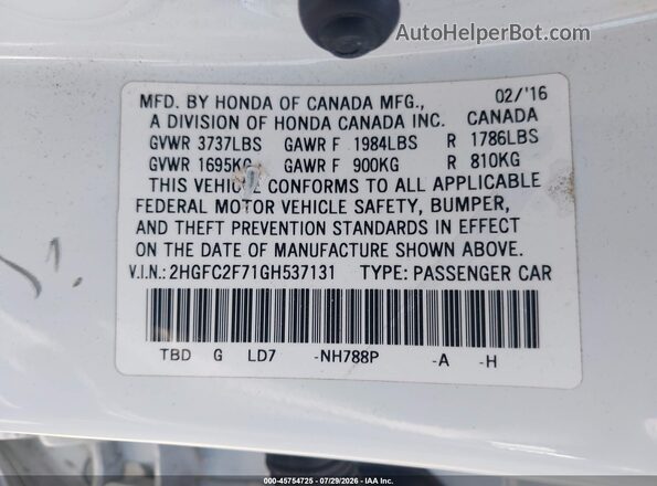 2HGFC2F71GH537131 2016 HONDA CIVIC Белый Вид подкапотного пространства