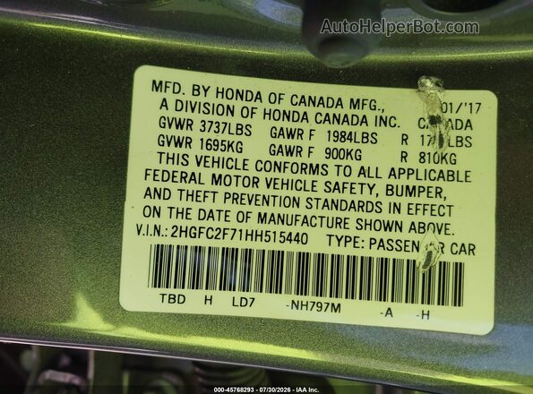 2HGFC2F71HH515440 2017 HONDA CIVIC Gray Engine compartment view