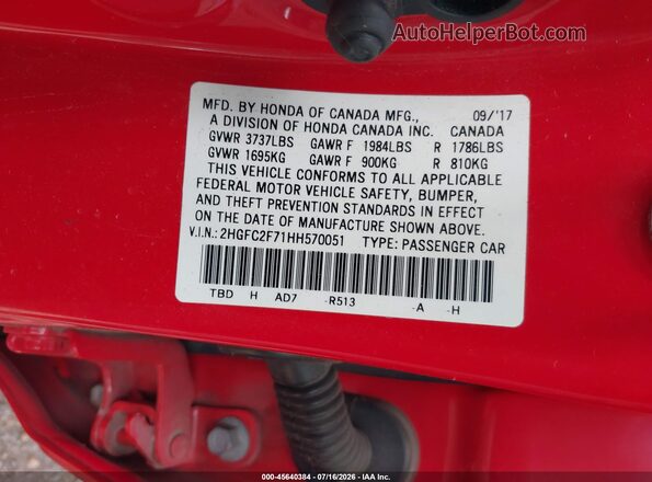 2HGFC2F71HH570051 2017 HONDA CIVIC Red Widok komory silnika