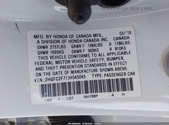 2HGFC2F71JH545043 2018 HONDA CIVIC White Engine compartment view