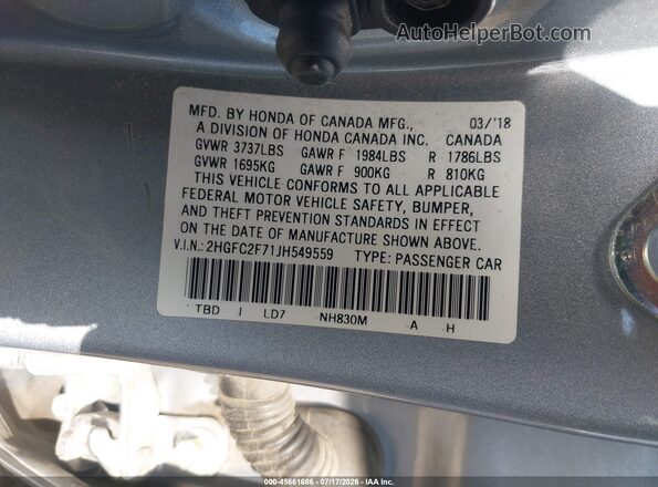 2HGFC2F71JH549559 2018 HONDA CIVIC Silver Vista del compartimento del motor