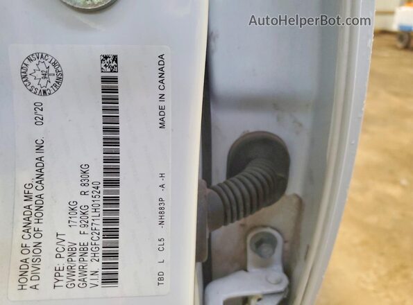 2HGFC2F71LH015240 2020 HONDA CIVIC White Widok komory silnika