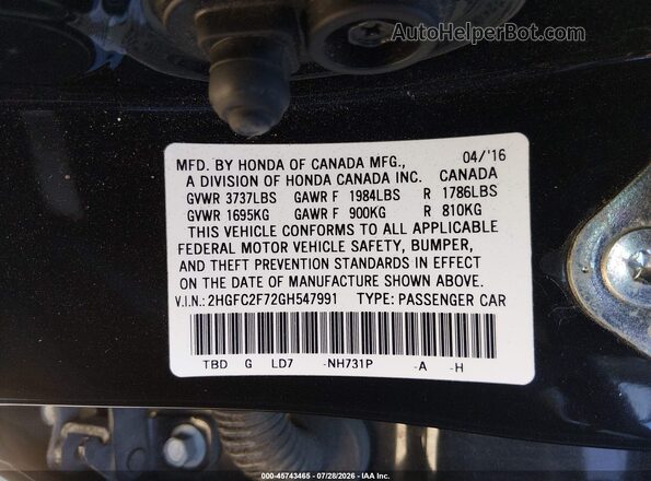 2HGFC2F72GH547991 2016 HONDA CIVIC Black Widok komory silnika
