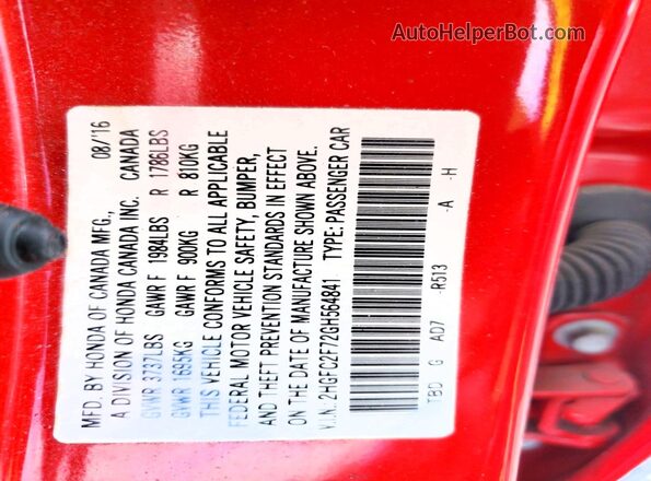 2HGFC2F72GH564841 2016 HONDA CIVIC Red Вид наклейки з VIN-кодом