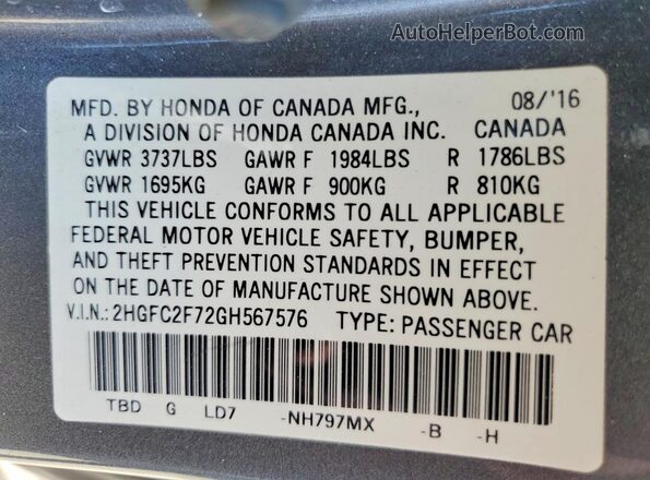 2HGFC2F72GH567576 2016 HONDA CIVIC Gray VIN կոդի պիտակի տեսք