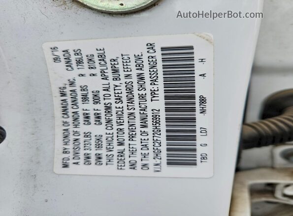 2HGFC2F72GH569912 2016 HONDA CIVIC White Vista del compartimento del motor