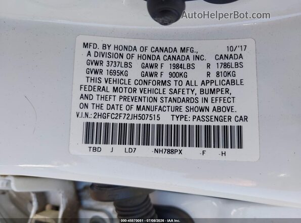 2HGFC2F72JH507515 2018 HONDA CIVIC White Widok komory silnika