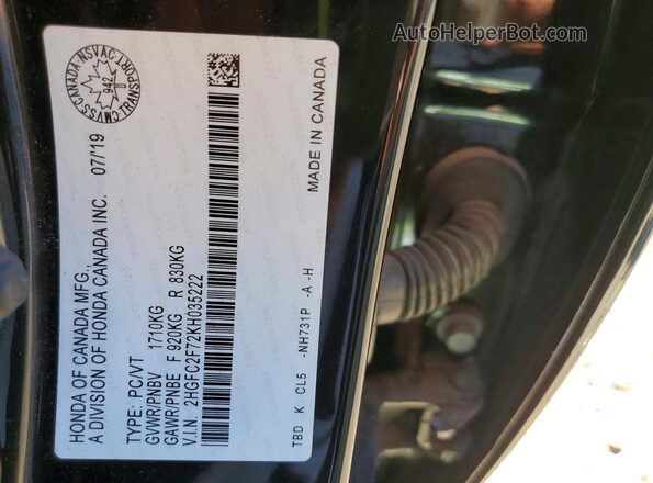 2HGFC2F72KH035222 2019 HONDA CIVIC Black ძრავის განყოფილების ხედი