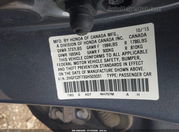 2HGFC2F73GH503031 2016 HONDA CIVIC Серый Вид подкапотного пространства