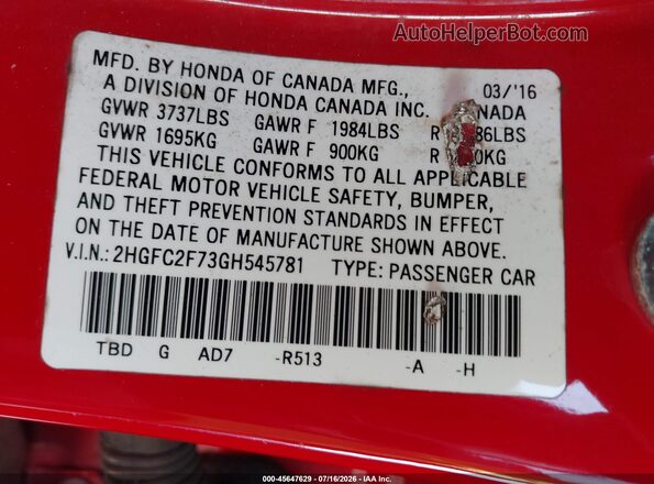 2HGFC2F73GH545781 2016 HONDA CIVIC Red Շարժիչի բաժամունքի տեսք