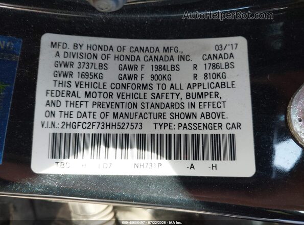 2HGFC2F73HH527573 2017 HONDA CIVIC Black Շարժիչի բաժամունքի տեսք