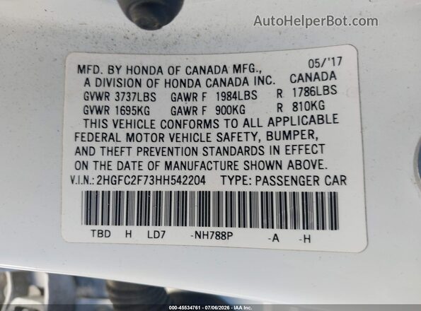 2HGFC2F73HH542204 2017 HONDA CIVIC Белый Вид подкапотного пространства