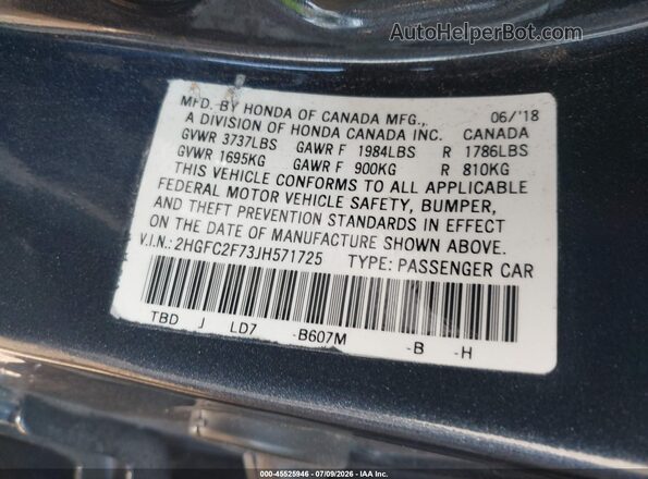 2HGFC2F73JH571725 2018 HONDA CIVIC Gray Շարժիչի բաժամունքի տեսք